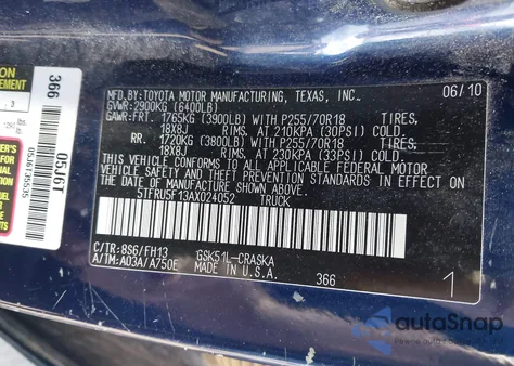 2010 Toyota Tundra Grade V6 from USA, damaged, VIN 5TFRU5F13AX024052